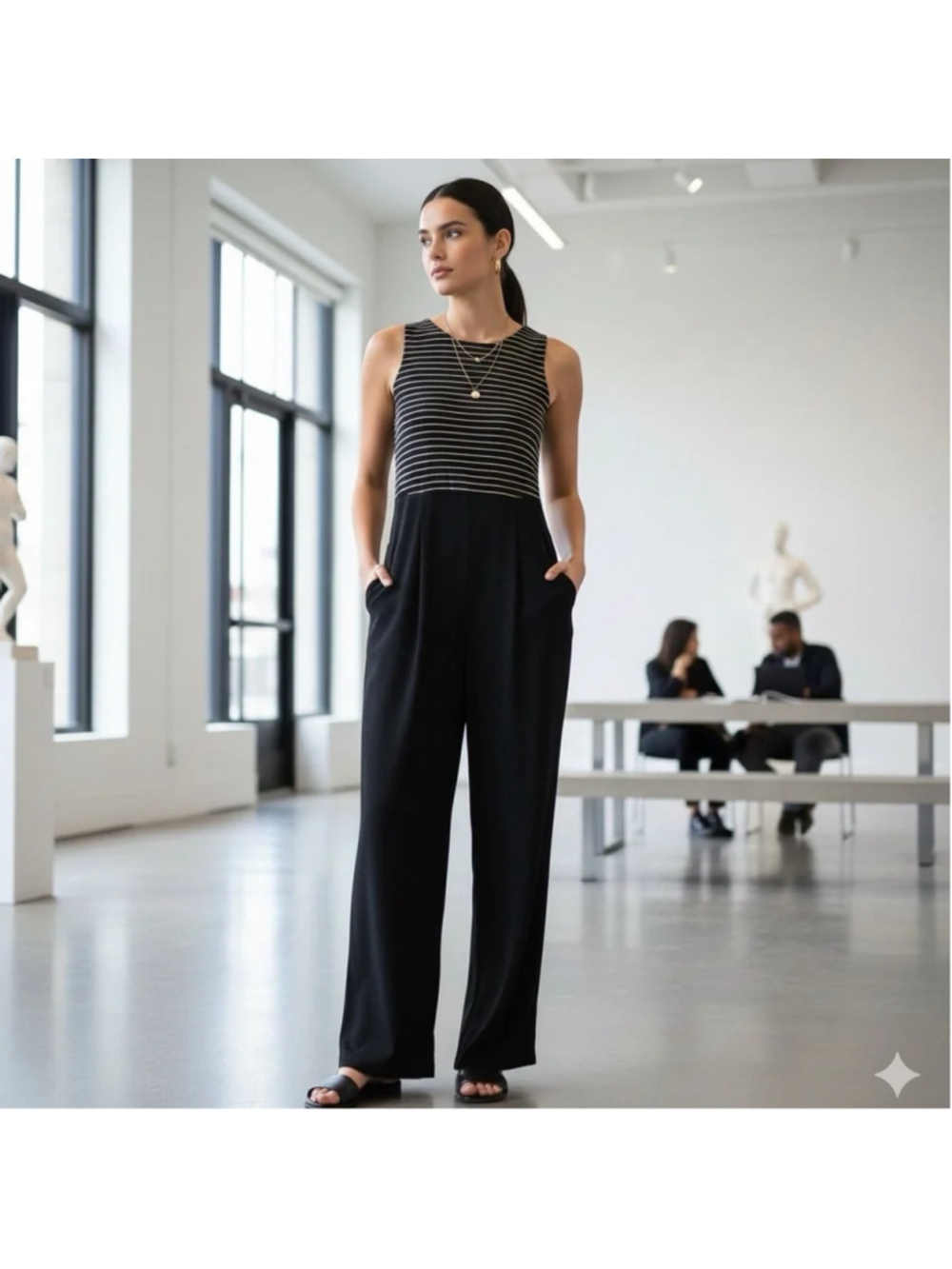Vintage Sleeveless Jumpsuit in Black with Silver Striped Top Size 9/10